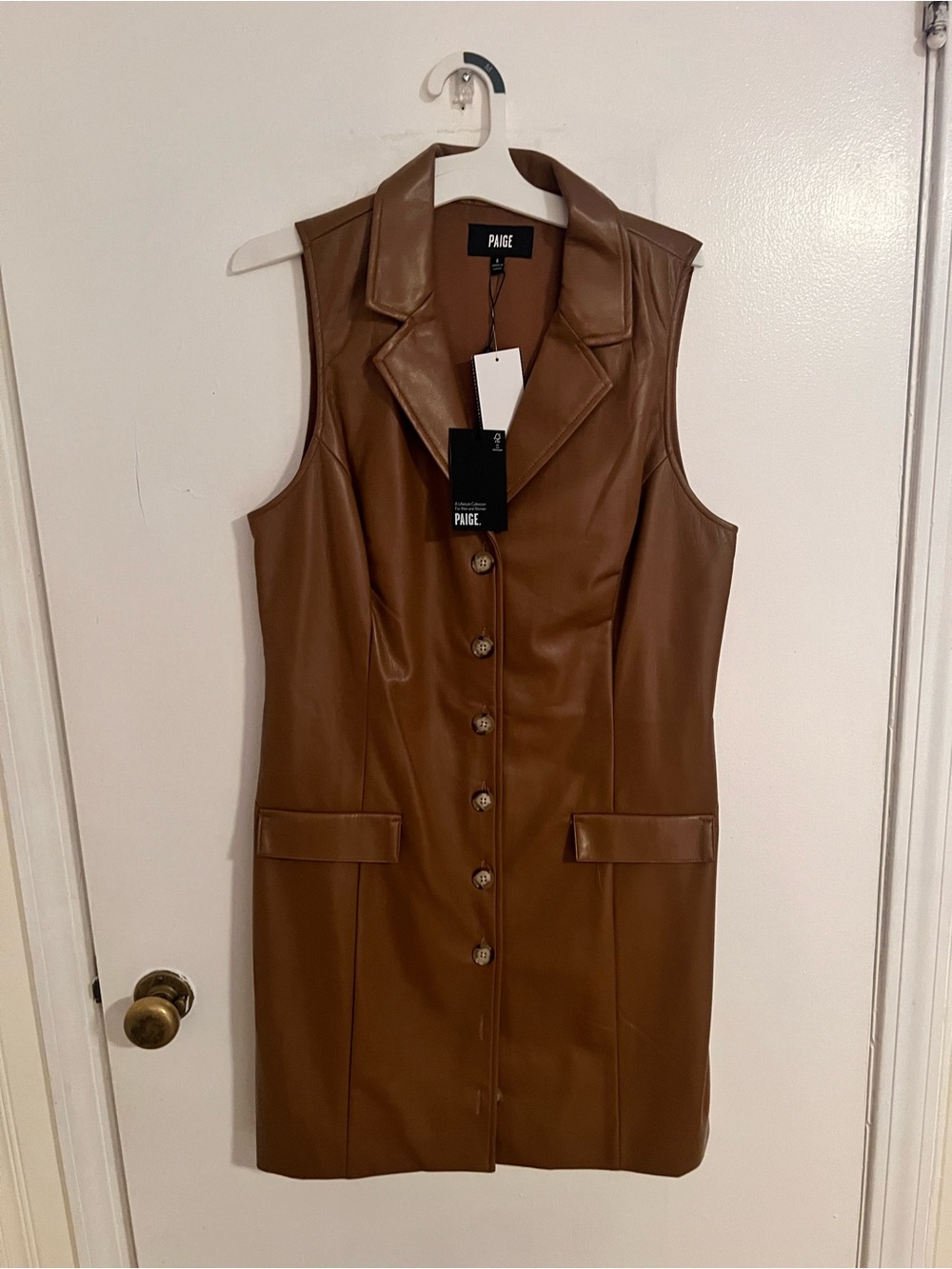 NWT PAIGE Brown Faux Leather Sleeveless Button-Front Dress Size 6